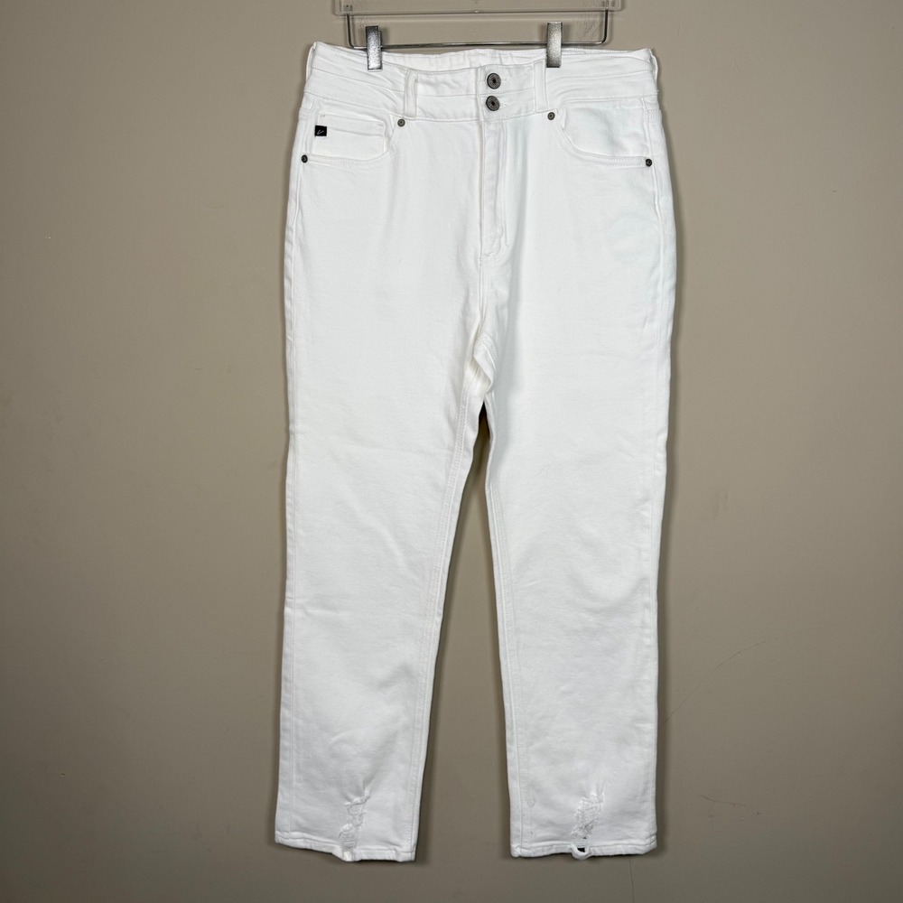 Kan Can Estilo White High Rise Denim Distressed Straight Leg Jeans Size 15/31
